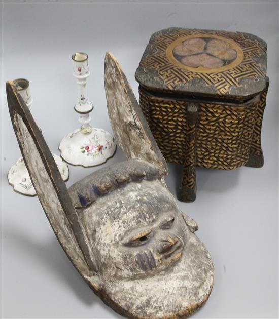 A pair of enamel floral candlesticks, A tribal carved mask and a lacquer box, candlesticks height 23cm